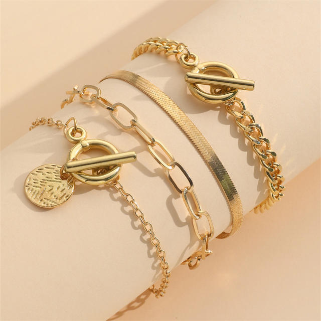 4pcs gold color metal chain toggle coin charm bracelet set