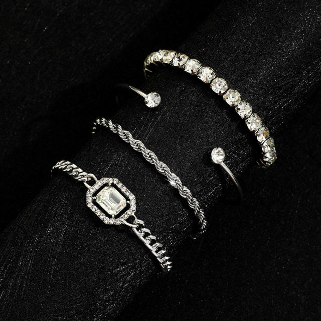 4pcs punk trend emerald rhinestone rope chain bracelet set