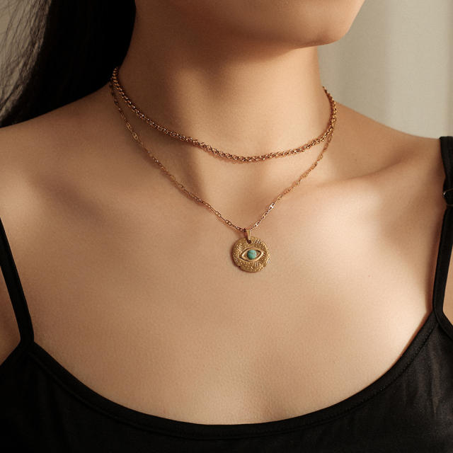 Boho turquoise evil eye coin pendant two layer stainless steel necklace