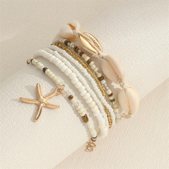6pcs boho shell white seed bead starfish charm bracelet set