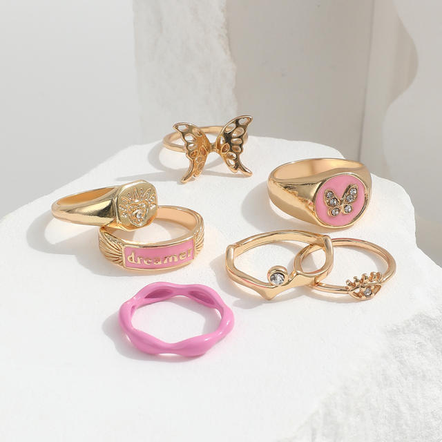 7pcs sweet pink color enamel butterfly stackable rings set