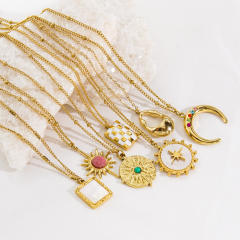 14K enamel moon coin pendant stainless steel necklace