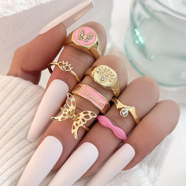 7pcs sweet pink color enamel butterfly stackable rings set