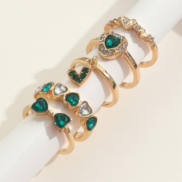 5pcs emerald rhinestone statement alloy stackable rings set