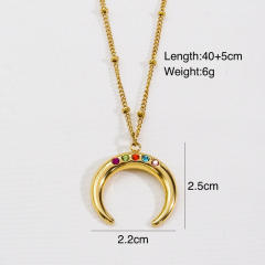 14K enamel moon coin pendant stainless steel necklace