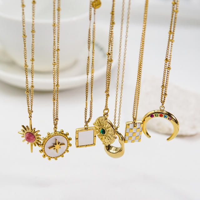 14K enamel moon coin pendant stainless steel necklace