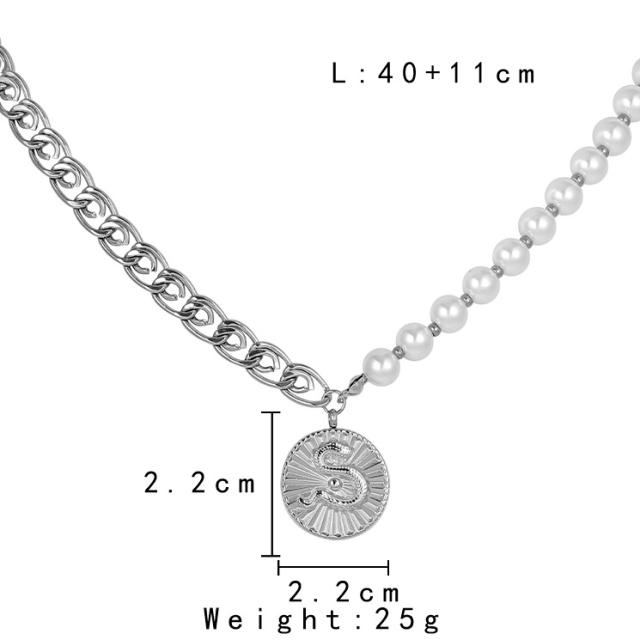 Hiphop silver color stainless steel chain pearl bead coin necklace for men
