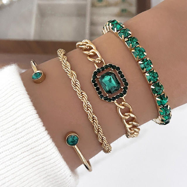 4pcs punk trend emerald rhinestone rope chain bracelet set