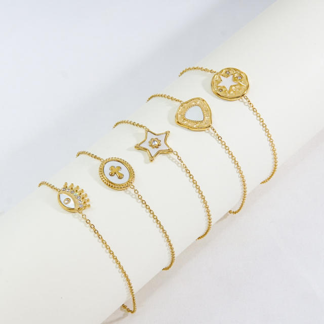 14KG white mother shell series star evil eye heart stainless steel bracelet