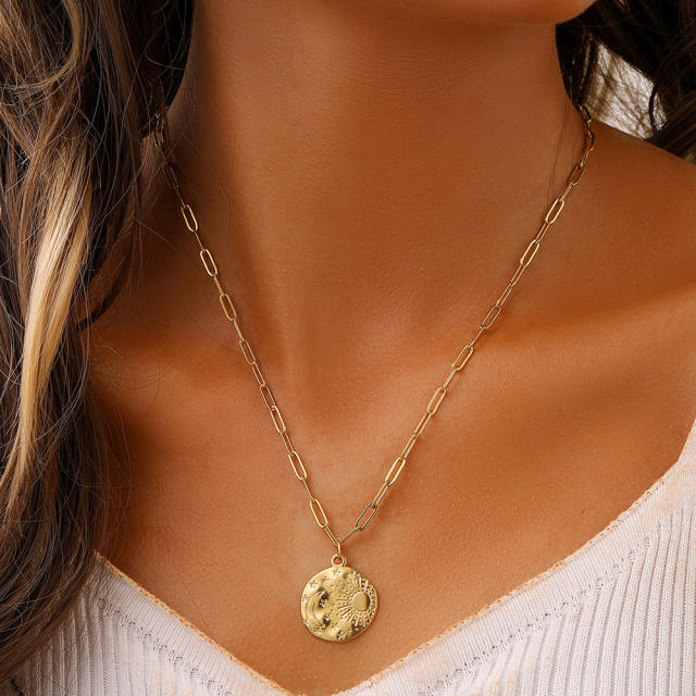 Dainty sun moon round pendant coin necklace stainless steel necklace