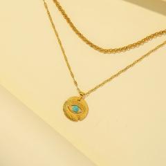 Boho turquoise evil eye coin pendant two layer stainless steel necklace