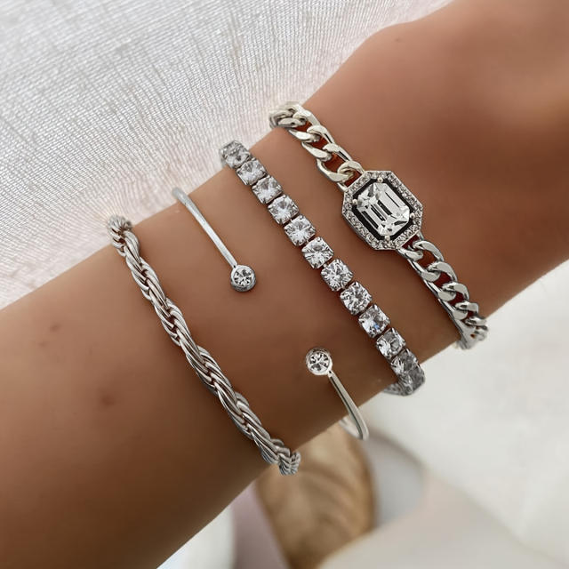 4pcs punk trend emerald rhinestone rope chain bracelet set