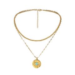 Boho turquoise evil eye coin pendant two layer stainless steel necklace