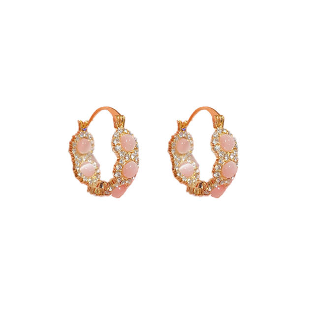 Vintage gray pink opal stone real gold plated copper hoop earrings