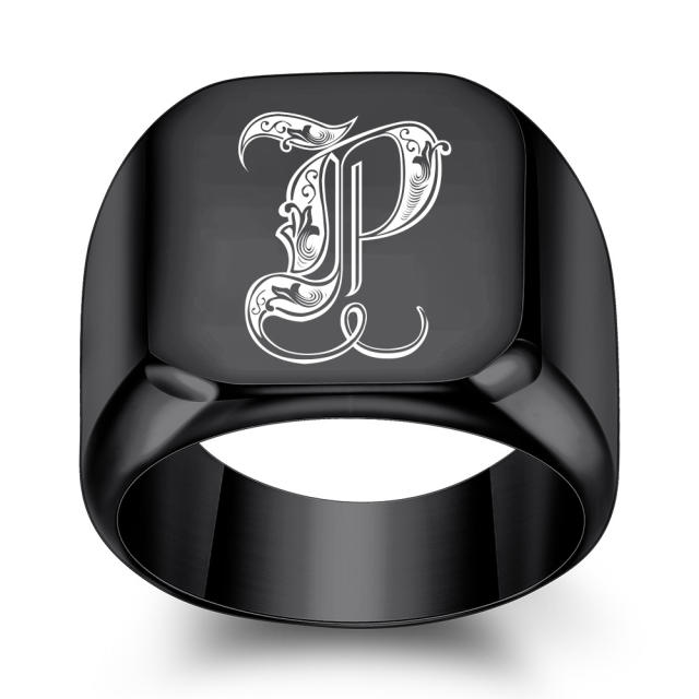 18mm black color stainless steel initial letter finger rings for men