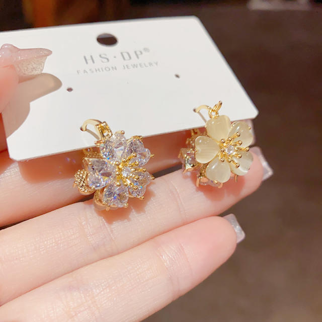 Personality opal stone diamond flower gold plated copper huggie earrings