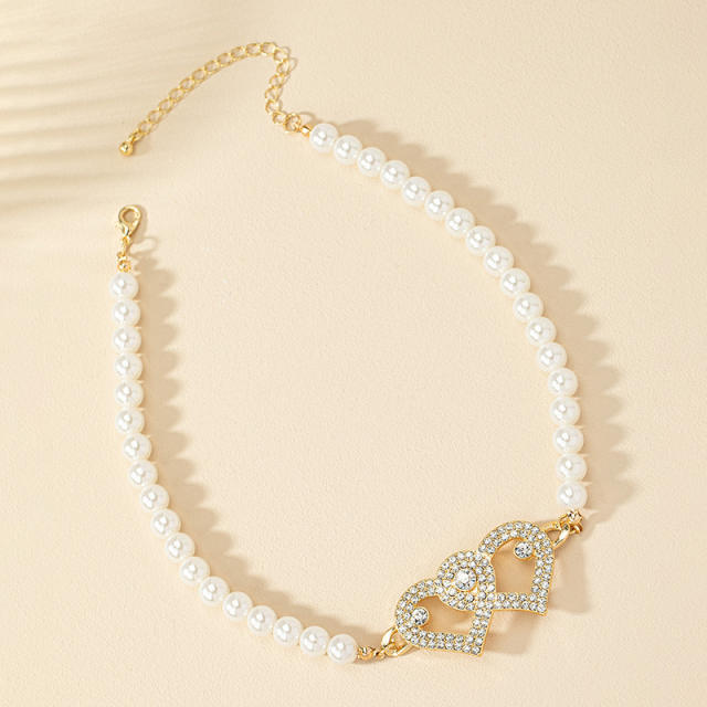 Personality diamond heart pearl bead choker necklace