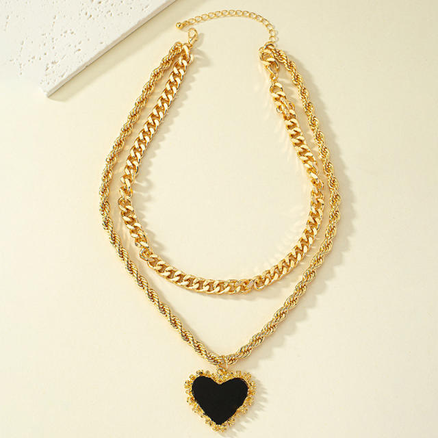 Hiphop Chunky rope chain black heart pendant cuban link chain two layer necklac