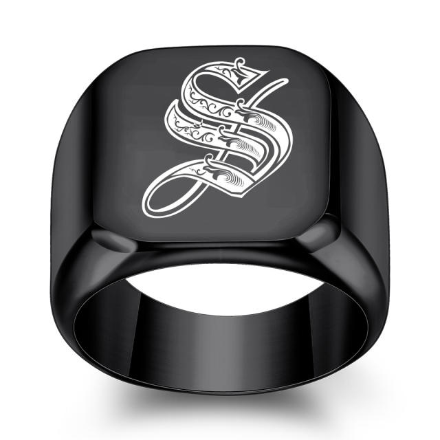 18mm black color stainless steel initial letter finger rings for men