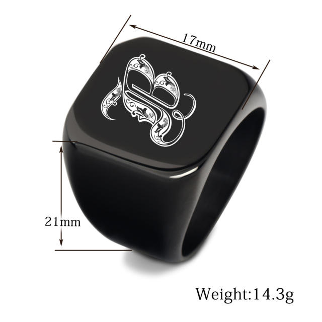 18mm black color stainless steel initial letter finger rings for men