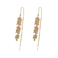 Korean fashion diamond wheat shape real gold plated copper threader earrings