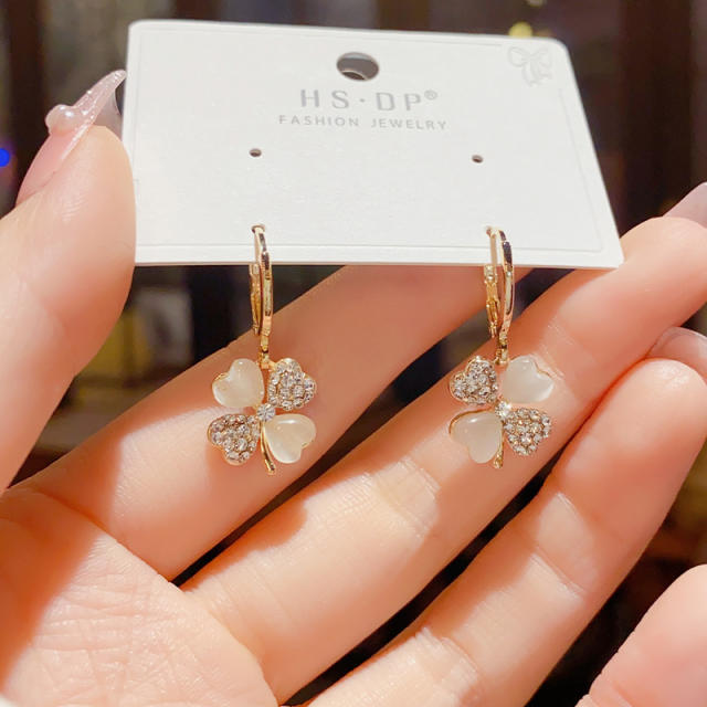 Sweet opal stone clover gold plated copper earrings