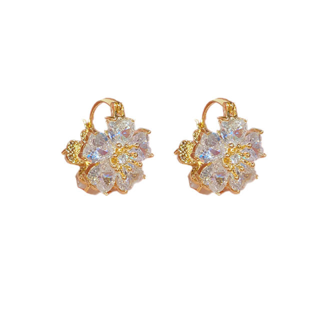 Personality opal stone diamond flower gold plated copper huggie earrings