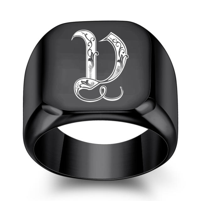 18mm black color stainless steel initial letter finger rings for men