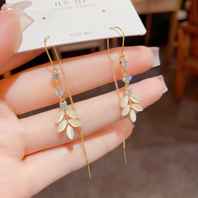 Summer personality opal stone leaf copper threader earrings