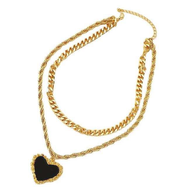 Hiphop Chunky rope chain black heart pendant cuban link chain two layer necklac