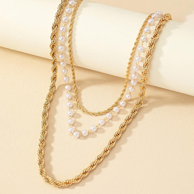 Vintage three layer pearl bead chain rope chain necklace