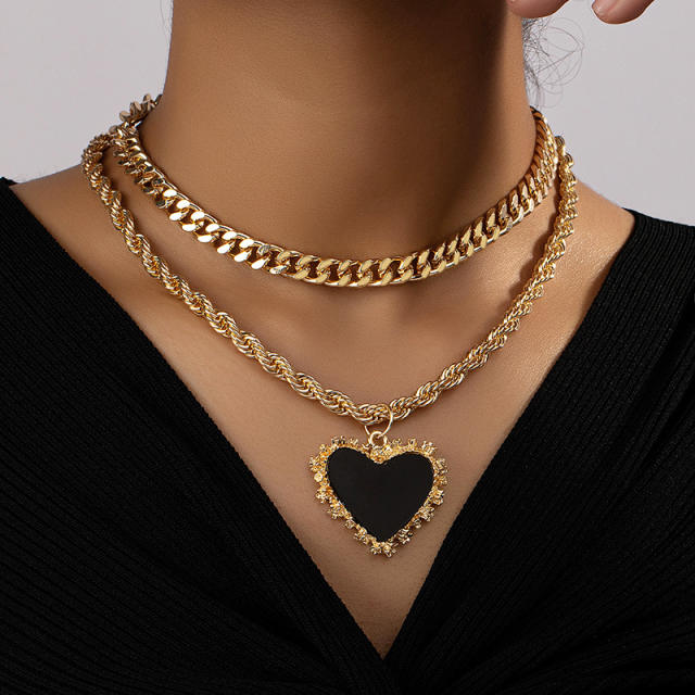 Hiphop Chunky rope chain black heart pendant cuban link chain two layer necklac