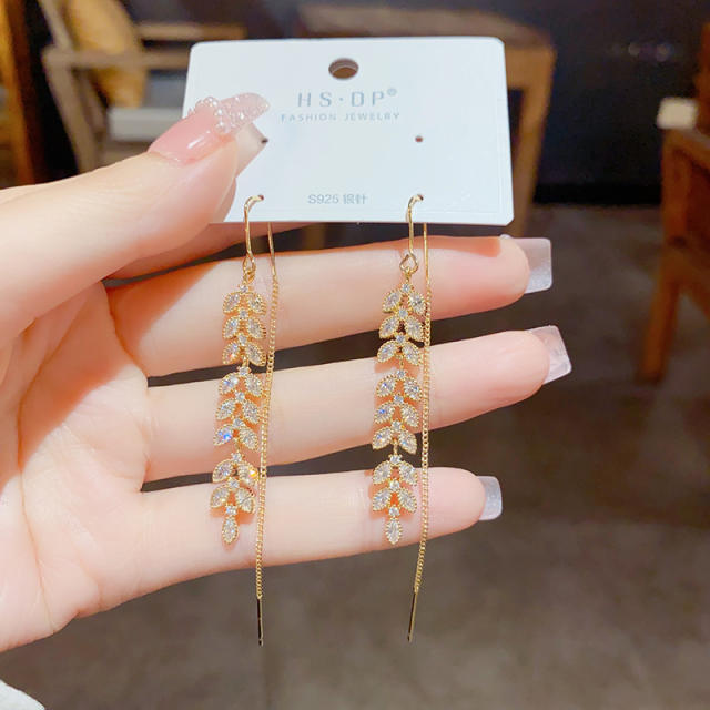Korean fashion diamond wheat shape real gold plated copper threader earrings