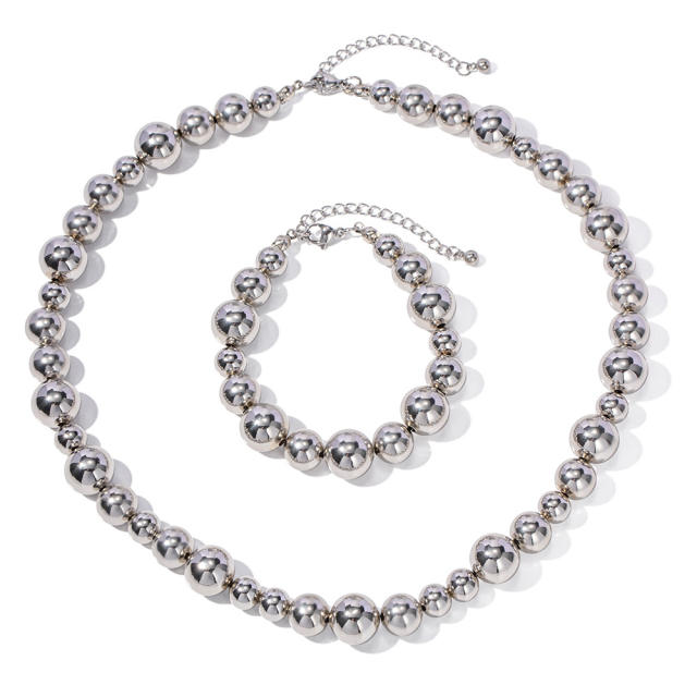 INS easy match silver color chunky ball bead stainless steel necklace set