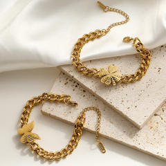 Chunky butterfly clover stainless steel chain bracelet