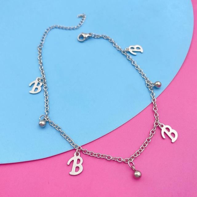 Silver color initial letter charm stainless steel anklet