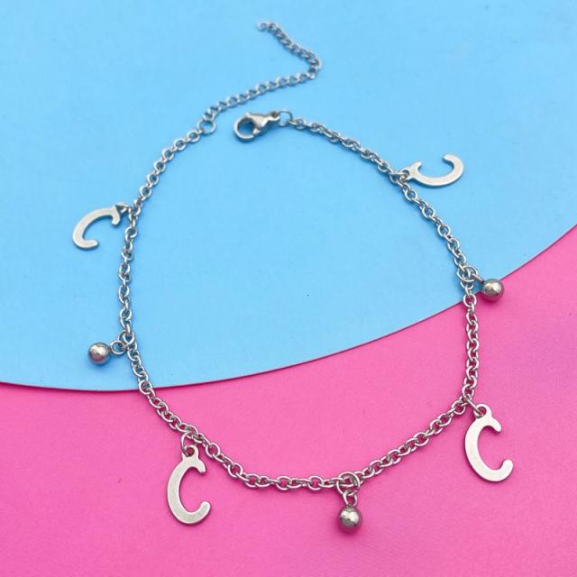 Silver color initial letter charm stainless steel anklet
