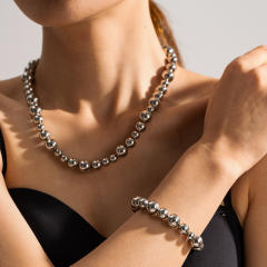 INS easy match silver color chunky ball bead stainless steel necklace set