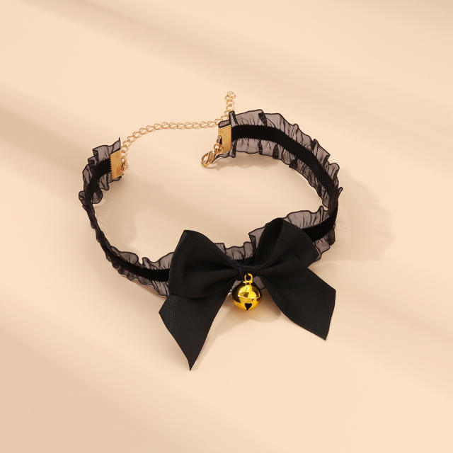 Lolita black bow gold bell sexy choker necklace