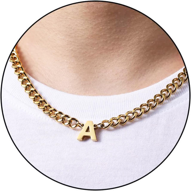 18K gold plated initial letter cuban chain stainless steel necklace