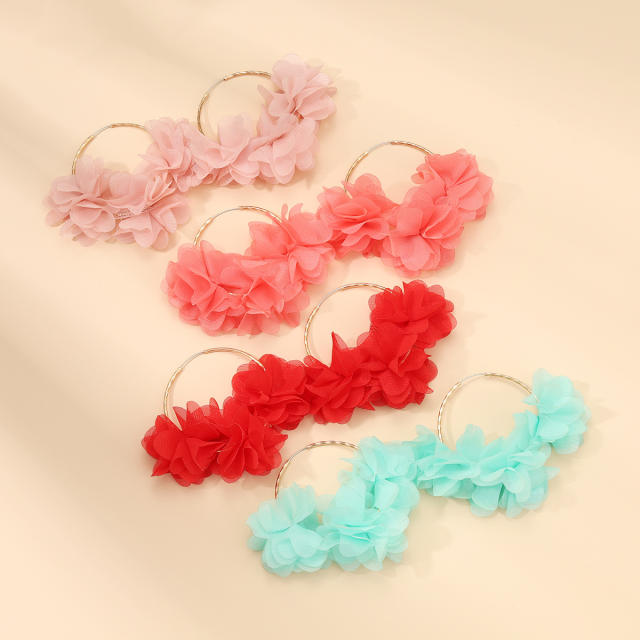 Boho colorful chiffon fabric flower hoop earrings for women