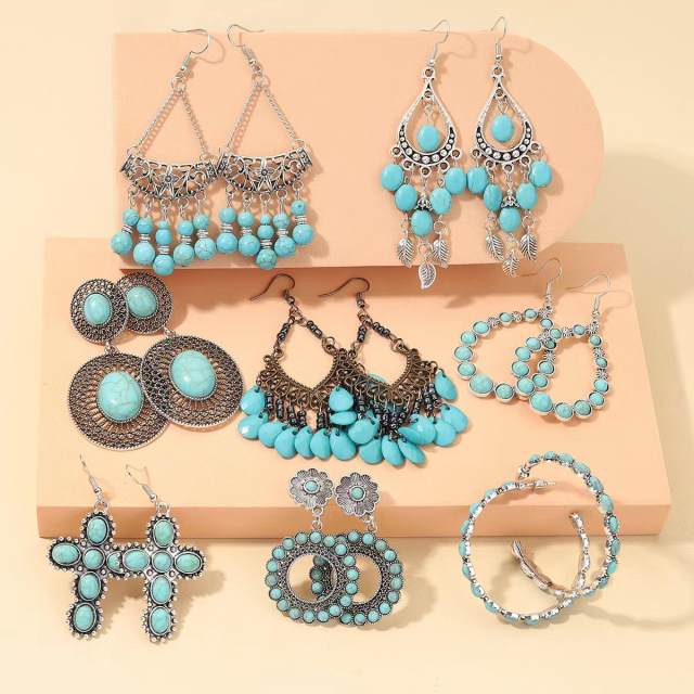 Vintage national trend turquoise stone tassel dangle earrings