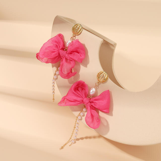 Elegant sweet fabric bow tassel dangle earrings for women