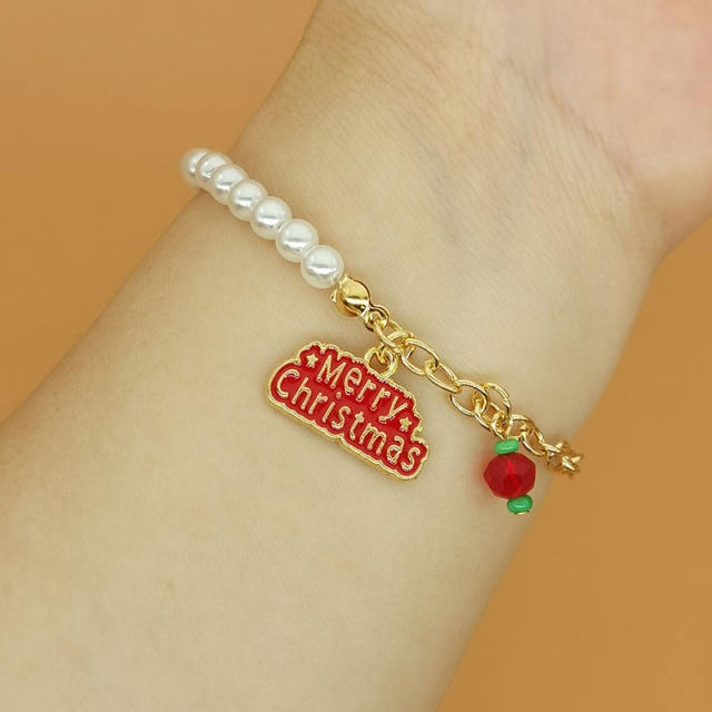Christmas series enamel charm faux pearl bead bracelet