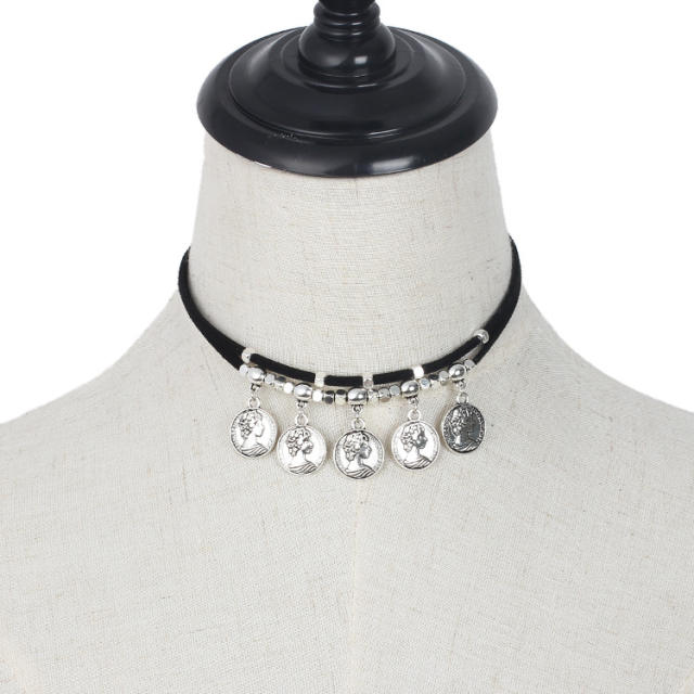 Boho silver color coin charm velvet black choker necklace