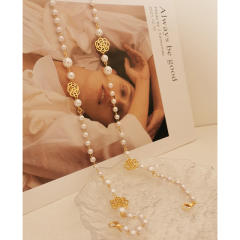 Chic pearl bead hollow camellia women glasses chain