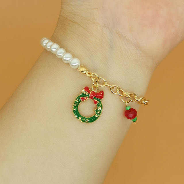 Christmas series enamel charm faux pearl bead bracelet