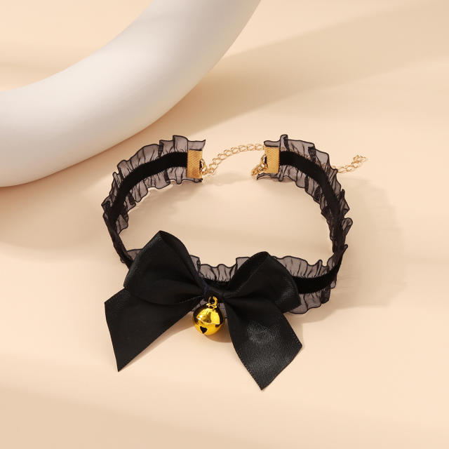 Lolita black bow gold bell sexy choker necklace
