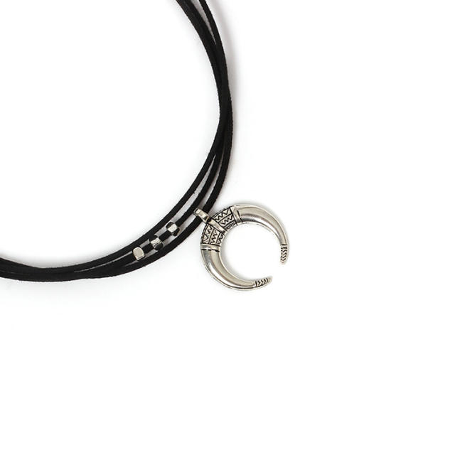 Vintage silver color moon charm velvet black choker necklace
