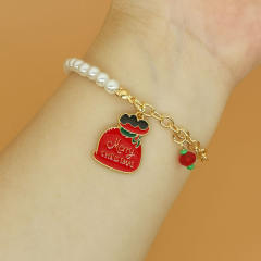 Christmas series enamel charm faux pearl bead bracelet